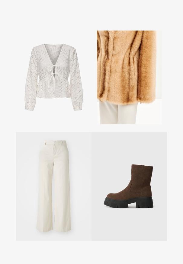 Smeđa umjetna krzna obloga s mekom, pahuljastom teksturom. Ima široke rukave i glatku završnicu, u kombinaciji s bijelim hlačama u pozadini.; Bijela peplum bluzica s dugim rukavima, koja ima V-izrez, vezanje sprijeda te tkaninu s izrezbarenom očicom. Tekstura laganog materijala.; Hlače širokih nogavica u svijetloj bež boji, izrađene od glatke tkanine. Imaju klasičnu elastičnu traku u struku i ravni prednji dio s čistim linijama.; Smeđi antilop čizmi do gležnjeva s teksturiranim završetkom, okruglim vrhom i masivnom crnom gumom potplatom s uzorkom.