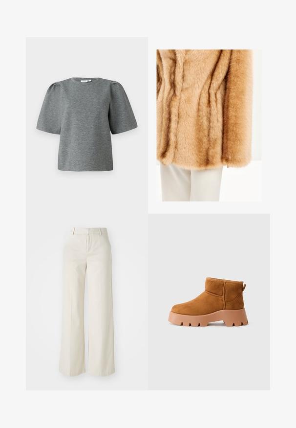 Abrigo de piel sintética en tono beige con una textura suave y esponjosa. Presenta mangas anchas y un acabado liso, combinado con pantalones blancos en el fondo.; Top gris de manga corta hecho de una tela suave, con un cuello redondo y mangas ligeramente abullonadas para mayor volumen. Textura lisa sin patrones.; Pantalones de pierna ancha en un tono beige claro, confeccionados con una tela suave. Cuentan con una cinturilla clásica y un frente plano con líneas limpias.; Botas de tobillo de ante color marrón claro con puntera redonda, suela marrón texturizada y lengüeta. Presentan una costura bordada y un diseño de plataforma gruesa.