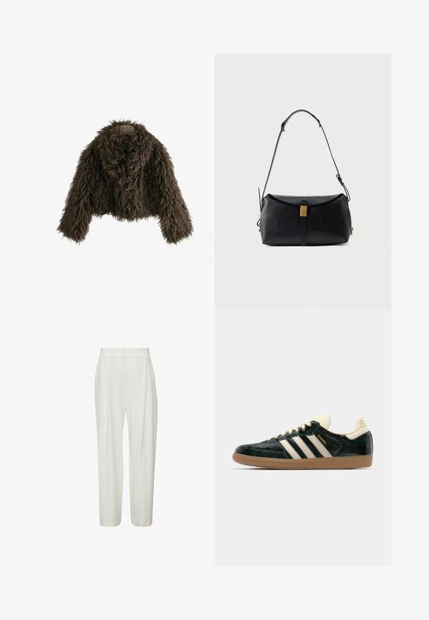 Veste courte en fausse fourrure marron avec un large col et des manches longues, présentant une texture shaggy et un design désordonné.; Pull en tricot gris à côtes avec un col montant, des épaules tombantes et des manches volumineuses. Texture douce et longueur cropped.; Pantalons blancs taille haute en tissu lisse, avec des plis à l'avant et des poignets fuselés, conçus pour un ajustement décontracté.; adidas Originals SAMBA OG - Baskets basses - cream white/collegiate green; Sac à main en cuir noir avec une forme structurée, présentant un fermoir à accents dorés et une bandoulière amovible. Texture lisse et design minimaliste.