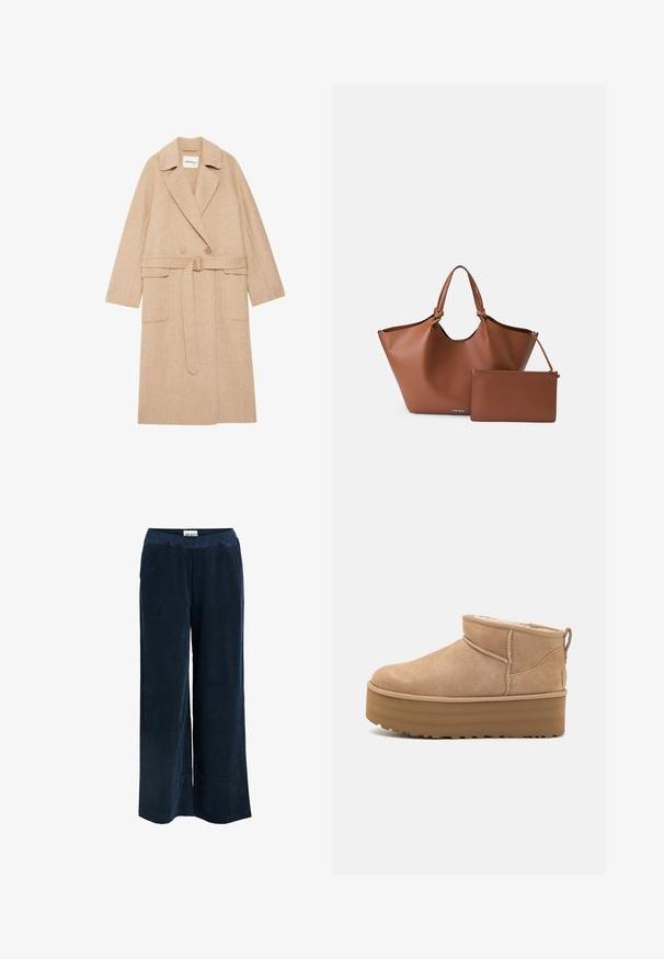Manteau beige en chevron avec un col cranté, un devant à double boutonnage, une ceinture à la taille et deux poches avant. Fabriqué en tissu texturé.; Pull en maille torsadée crème avec manches longues, poignets et ourlet côtelés, présentant un petit logo brodé sur la poitrine gauche.; Pantalons large en velours côtelé texturé de couleur bleu marine, avec une taille élastique et des poches latérales.; Bottines en suede beige avec un intérieur moelleux, dotées d'une semelle compensée et d'une languette à l'arrière pour un enfilage facile. Semelle extérieure en caoutchouc texturé.; Sac fourre-tout en cuir marron avec une large ouverture, une forme effilée et deux poignées, accompagné d'une pochette zippée assortie.