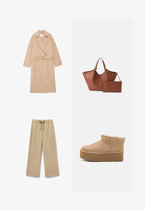 Beige fiskebensmønstret frakke med slagkrave, dobbeltknappet front, bælte i taljen og to frontlommer. Fremstillet af et tekstureret stof.; Cremefarvet kabelstrikket sweater med lange ærmer, ribbede manchetter og kant, med et lille broderet logo på venstre bryst.; Beige brede sweatpants med elastisk talje, justerbar snor og sidelommer; blødt stof med en glat tekstur.; Beige ruskinds ankelstøvler med et blødt indre, der har en platformssål og en strop bagpå for nem påtagning. Tekstureret gummisål.; Brun læder tote taske med en bred åbning, konisk form og dobbelte håndtag, ledsaget af en matchende lynlåspung.