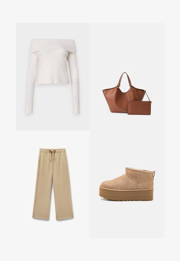 Béžový kabát s rybí kostrou, s prošitým límcem, dvouřadým zapínáním, páskem v pase a dvěma předními kapsami. Vyroben z texturované látky.; Svetr s odhalenými rameny v krémové barvě, dlouhé rukávy a přiléhavý střih. Měkká textura s hladkým povrchem.; béžové široké tepláky s elastickým pasem, nastavitelnou šňůrkou a bočními kapsami; měkká tkanina s hladkým povrchem.; Béžové semišové kotníkové boty s plyšovým interiérem, které mají platformovou podrážku a poutko na zadní straně pro snadné obutí. Texturovaná gumová podrážka.; Hnědá kožená taška přes rameno s širokým otvorem, zúženým tvarem a dvojitými uchy, doplněná o odpovídající zipový sáček.