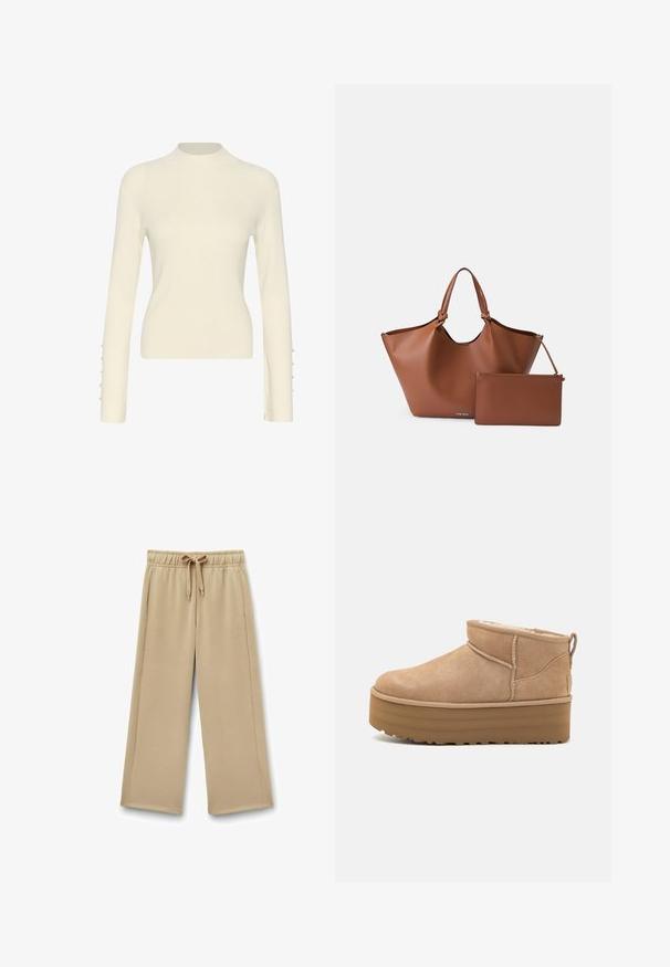 Beige fiskbensmönstrad kappa med en notch-krage, dubbelknäppt fram, bälte vid midjan och två framfickor. Tillverkad av ett texturerat tyg.; Ribbad elfenbensfärgad tröja med hög krage och långa ärmar. Ärmarna har knappar längs manschetten. Slät textur, figurnära design.; Beiga vida sweatpants med elastisk midja, justerbar dragsko och sidofickor; mjukt tyg med en slät textur.; Beiga mockaskängor till anklarna med en mjuk inredning, med en plattformssula och en dragsko baktill för enkel påtagning. Mönstrad gummisula.; Brun läder tote-väska med en bred öppning, avsmalnande form och två handtag, tillsammans med en matchande dragkedjeficka.