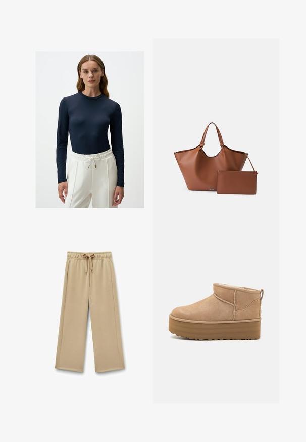 Beżowy płaszcz w jodełkę z wyciętym kołnierzem, podwójnym zapięciem z przodu, paskiem w talii oraz dwoma przednimi kieszeniami. Wykonany z materiału o teksturowanej powierzchni.; Granatowa bluzka z długim rękawem, wykonana z gładkiego materiału, z dopasowanym krojem i wzorzystymi akcentami z siateczki na rękawach, w połączeniu z białymi spodniami z elastycznym pasem.; Beżowe długie spodnie dresowe z elastycznym pasem, regulowanym sznurkiem i bocznymi kieszeniami; miękka tkanina o gładkiej fakturze.; Beżowe zamszowe botki za kostkę z miękkim wnętrzem, z platformą i pętlą z tyłu ułatwiającą zakładanie. Teksturowana gumowa podeszwa.; Brązowa skórzana torba typu tote z szerokim otworem, zwężającym się kształtem i podwójnymi uchwytami, w komplecie z dopasowaną zasuwaną saszetką.