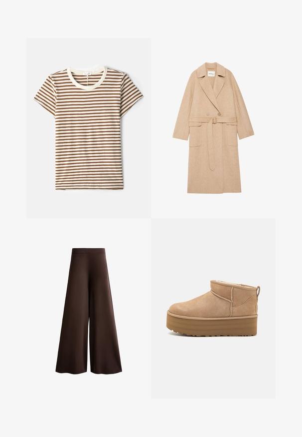 Beige herringbone coat with a notched collar, double-breasted front, belt at the waist, and two front pockets. Made from a textured fabric.; Striped t-shirt featuring brown and white horizontal stripes, short sleeves, and a cream-colored crew neck in a soft, textured fabric.; Brown wide-leg trousers made of soft fabric, featuring a high waist, subtle texture, and a fluid silhouette with no visible closures or embellishments.; Beige suede ankle boots with a plush interior, featuring a platform sole and a pull tab at the back for easy wear. Textured rubber outsole.