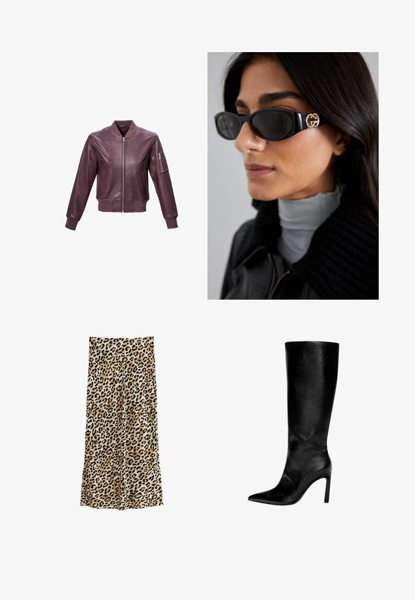 Veste bomber en cuir bordeaux avec un col et des poignets côtelés, fermeture éclair à l'avant, et une poche sur le bras avec une fermeture éclair pour plus de détails.; T-shirt blanc à manches longues avec un col rond. Fabriqué en tissu doux et texturé. Présente une coupe décontractée et des poignets sans couture.; Pantalons larges en imprimé léopard en tissu doux, présentant une multitude de taches noires sur un fond beige pour un design audacieux.; Botte en cuir noir montée jusqu'au genou, avec un bout pointu, un talon aiguille haut, une finition lisse et un design simple et épuré sans ornements.; Lunettes de soleil noires avec une monture rectangulaire élégante et un accent logo doré sur le côté. Les verres sombres et la finition brillante sont proéminents.