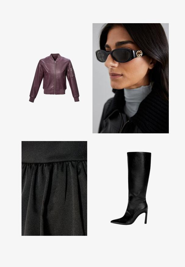 Bourgondische leren bomberjack met een geribde kraag en manchetten, rits aan de voorkant en een armzak met een rits voor extra detail.; Witte longsleeve top met een ronde hals. Gemaakt van zachte, gestructureerde stof. Heeft een relaxte pasvorm en naadloze manchetten.; Zwarte stof met een subtiele glans, featuring geplooide textuur en vloeiende plooien. Gladde oppervlakte met glinsterende accenten overal.; Zwart leren laars tot de knie met een spitse neus, hoge stilettohak, een gladde afwerking en een eenvoudig, slank ontwerp zonder versieringen.; Zwarte zonnebril met een stijlvolle rechthoekige montuur en een gouden logo-accent aan de zijkant. Donkere lenzen en een glanzende afwerking zijn opvallend.