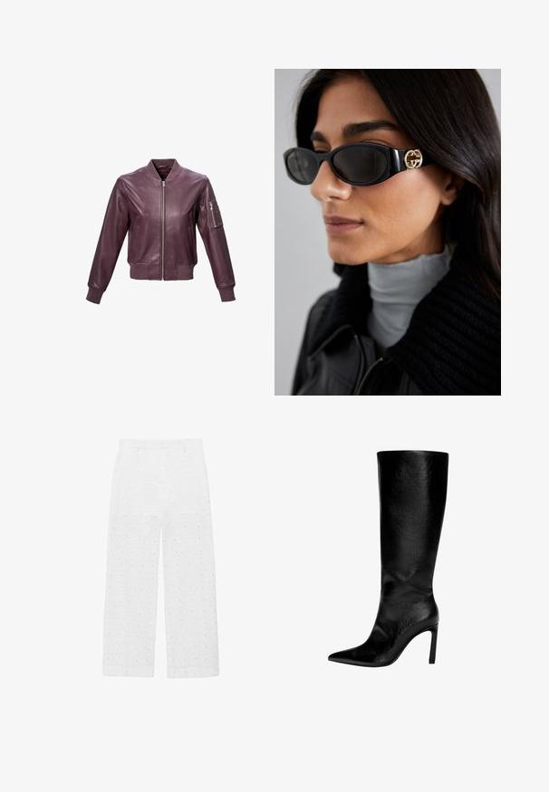 Bourgondische leren bomberjack met een geribde kraag en manchetten, rits aan de voorkant en een armzak met een rits voor extra detail.; Witte longsleeve top met een ronde hals. Gemaakt van zachte, gestructureerde stof. Heeft een relaxte pasvorm en naadloze manchetten.; Witte wijde broek gemaakt van textiel met een gestructureerde stof en eyelet-ontwerpen met vierkante patronen en ronde uitsnijdingen door het hele ontwerp.; Zwart leren laars tot de knie met een spitse neus, hoge stilettohak, een gladde afwerking en een eenvoudig, slank ontwerp zonder versieringen.; Zwarte zonnebril met een stijlvolle rechthoekige montuur en een gouden logo-accent aan de zijkant. Donkere lenzen en een glanzende afwerking zijn opvallend.