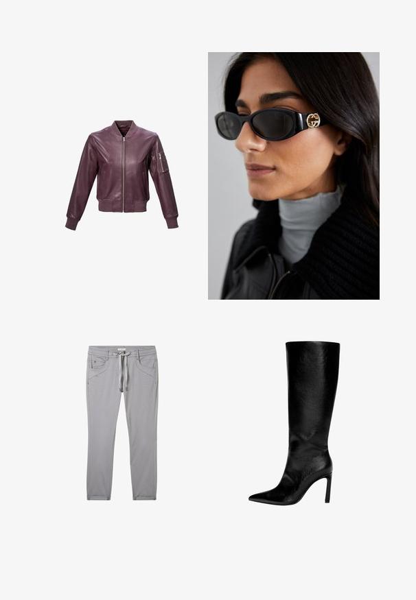 Veste bomber en cuir bordeaux avec un col et des poignets côtelés, fermeture éclair à l'avant, et une poche sur le bras avec une fermeture éclair pour plus de détails.; T-shirt blanc à manches longues avec un col rond. Fabriqué en tissu doux et texturé. Présente une coupe décontractée et des poignets sans couture.; Pantalon gris en matière douce, avec taille à cordon, quatre poches et coupe slim avec de discrets détails de couture.; Botte en cuir noir montée jusqu'au genou, avec un bout pointu, un talon aiguille haut, une finition lisse et un design simple et épuré sans ornements.; Lunettes de soleil noires avec une monture rectangulaire élégante et un accent logo doré sur le côté. Les verres sombres et la finition brillante sont proéminents.