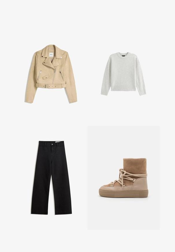 Beige cropped biker jacket with asymmetrical front zipper, snap buttons, zippered pockets, and a waist belt with metal buckle.; Light gray sweater made of soft fabric, featuring a round neckline, drop shoulder seams, and ribbed cuffs and hem.; Black wide-leg denim pants with a high waist, featuring front and back pockets, stitched seams, and a button closure. Smooth texture.; Beige high-top sneaker with suede upper and leather accents. Thick beige rubber sole. Round toe with knotted laces and metal eyelets.