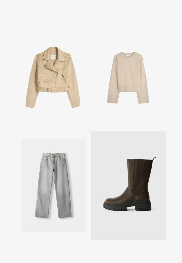 Bež usnjeni kolesarski jopič s asimetričnim sprednjim zadrgo, sponkami, žepi z zadrgo in pasom z metalno zaponko.; Bež pulover s kratkimi rokavi, izdelan iz mehkega pletenega materiala. Ima okroglo izrez, dolge rokave ter rebraste manšete in spodnji rob za dodatno teksturo.; Svetlo srebrn jeans z ravnim krojem, ki ima dva sprednja žepa, zapiranje na gumb in subtilno zbledelost za teksturo.; Rjavi usnjeni gležnarji z elastikami na straneh, masiven črn gumijast podplat in zanka za enostavno obuvanje. Gladka tekstura in sodoben dizajn.
