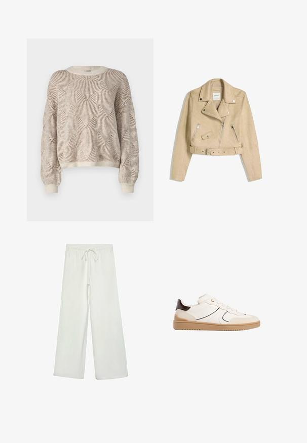 Bež usnjeni kolesarski jopič s asimetričnim sprednjim zadrgo, sponkami, žepi z zadrgo in pasom z metalno zaponko.; Pulover s krojem na okroglo z žametnim vzorcem bež in kremnih črt. Ohlapen kroj z rebrastimi manšetami in robom. Mehak zaključek iz tkanine.; Bele široke hlače iz mehkega blaga. Imajo elastičen pas s vrvico in gladko teksturo. Brez vidnih vzorcev ali kovinskih delov.; Stradivarius Športni copati - white