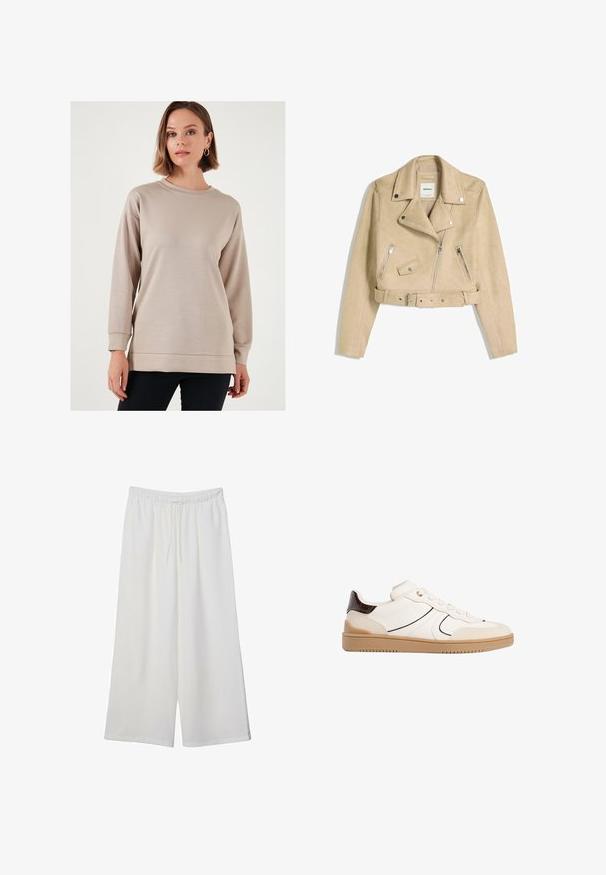 Giacca biker beige corta con zip frontale asimmetrica, bottoni a scatto, tasche con zip e una cintura in vita con fibbia metallica.; Felpa beige chiaro con scollatura rotonda, maniche lunghe e vestibilità comoda. Presenta una trama liscia e polsini e orlo a costine.; Pantaloni bianchi a gamba larga realizzati in tessuto leggero, dotati di una vita elastica e di un cordino per una vestibilità regolabile. Texture liscia.; Stradivarius Sneakers basse - white