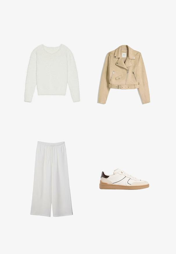 Giacca biker beige corta con zip frontale asimmetrica, bottoni a scatto, tasche con zip e una cintura in vita con fibbia metallica.; Maglione bianco peloso con maniche lunghe, una scollatura a V ampia e un design corto. La texture è morbida e soffice, aumentando il calore.; Pantaloni bianchi a gamba larga realizzati in tessuto leggero, dotati di una vita elastica e di un cordino per una vestibilità regolabile. Texture liscia.; Stradivarius Sneakers basse - white