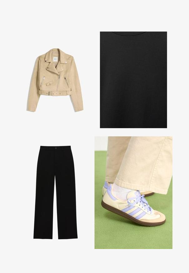 Giacca biker beige corta con zip frontale asimmetrica, bottoni a scatto, tasche con zip e una cintura in vita con fibbia metallica.; Tessuto di cotone nero con una texture liscia e scollatura rotonda, caratterizzato da un motivo a grana sottile e uniforme. Nessun logo o accento visibile.; Pantaloni neri a vita alta, a gamba larga, realizzati in un tessuto morbido, con davanti piatto, chiusura con bottone e senza tasche visibili.; Sneakers crema e lavanda con tre strisce e suola marrone texturizzata, dotati di lacci e tallone imbottito. Parte superiore in tessuto morbido.