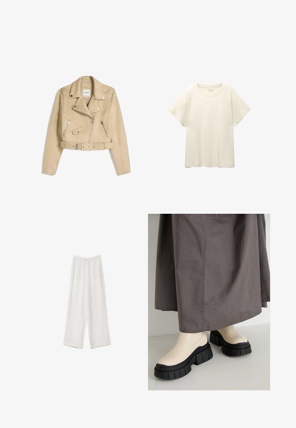 Bež jacket za motocikliste skraćenog kroja s asimetričnim prednjim patentnim zatvaračem, gumbima na preklop, džepovima s patentnim zatvaračem i remenom u struku s metalnom kopčom.; Svijetlo bež majica kratkih rukava s okruglim izrezom, izrađena od meke, glatke tkanine. Karakterizira je opušteni kroj i ravni rub.; Bijele hlače širokih nogavica napravljene od lagane tkanine. Imaju elastičan pojas s ušicom i bočne džepove. Glatka tekstura.; Bežne gležnjače s debelim crnim platformama, gornjište od glatke kože i zaobljenim prstom. Siva suknja djelomično ih prekriva.