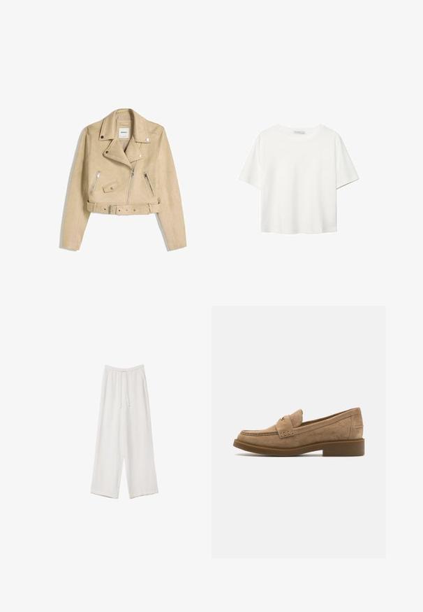 Bež usnjeni kolesarski jopič s asimetričnim sprednjim zadrgo, sponkami, žepi z zadrgo in pasom z metalno zaponko.; Bela kratka majica s kratkimi rokavi iz bombaža. Ima okroglo izrezovanje in sproščen kroj. Gladka tekstura brez vidnih vzorcev ali poudarkov.; Bele široke hlače iz lahkega materiala. Imajo elastičen pas s vrvico in stranske žepe. Gladka tekstura.; Bež zamšaste loafer čevlje z zaobljenim nosom, dekorativnimi šivi in nizkim, debelim gumjastim peto za boljši oprijem in udobje.