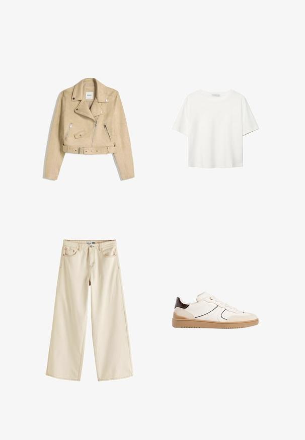 Béžová skrátená motorkárska bunda s asymetrickým predným zipsom, cvokmi, zipsovými vreckami a opaskom v páse s kovovou sponou.; Biela krátkopsová tričko vyrobené z bavlny. Má okrúhly výstrih a voľný strih. Hladká textúra bez viditeľných vzorov alebo akcentov.; Next Zvonové džínsy - ecru; Stradivarius Tenisky - white
