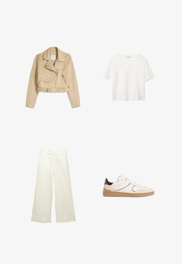 Beige verkürzte Bikerjacke mit asymmetrischem Frontreißverschluss, Druckknöpfen, Reißverschluss-Taschen und einem Taillengürtel mit Metallschnalle.; Weißes T-Shirt mit kurzen Ärmeln aus Baumwolle. Hat einen Rundhalsausschnitt und eine lockere Passform. Glatte Textur ohne sichtbare Muster oder Akzente.; Weit geschnittene Hose aus weichem, cremefarbenem Stoff. Mit flachem Bund und aufgeschlagenen Säumen. Glatte Textur mit einem klaren, minimalistischen Design.; Stradivarius Sneaker low - white
