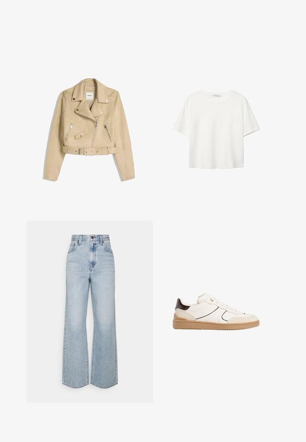 Beige zkrácená motorkářská bunda s asymetrickým předním zipem, patentkami, zipovými kapsami a páskem v pase s kovovou sponou.; Bílý krátký rukáv tričko vyrobené z bavlny. Má kulatý výstřih a volný střih. Hladký materiál bez viditelných vzorů nebo akcentů.; Světle modré džíny s širokými nohavicemi, vysokým pasem, klasickým designem s pěti kapsami a kontrastním prošíváním. Na spodním okraji je detail s obřezaným lemem.; Stradivarius Tenisky - white