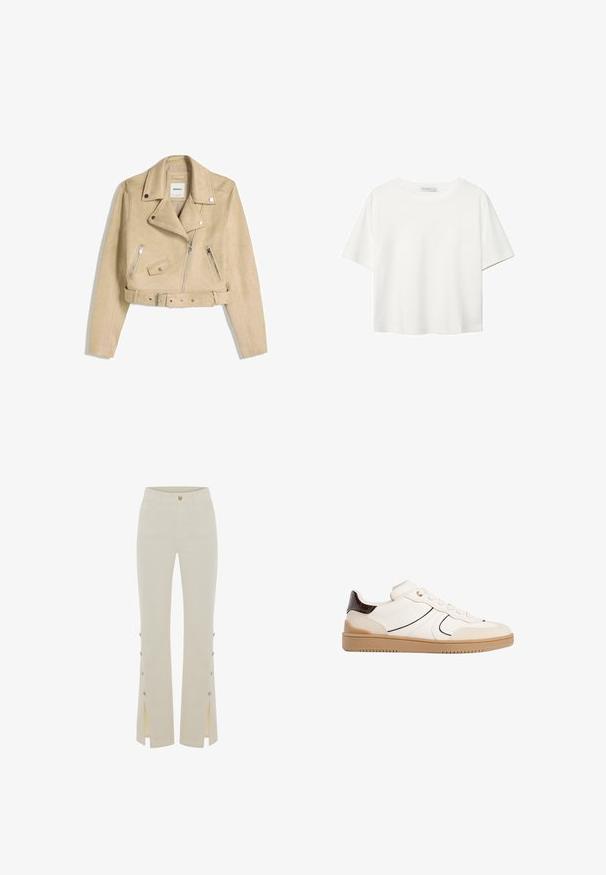 Beige cropped motorjack met asymmetrische rits aan de voorkant, drukknoopsluiting, ritszakken en een tailleband met metalen gespsluiting.; Witte korte mouwen t-shirt van katoen. Heeft een ronde halslijn en een ontspannen pasvorm. Glad textuur zonder zichtbare patronen of accenten.; Beige flare broek met een aansluitende taille, voortassen en zijsplitten met gouden knoopaccenten langs de benen.; Stradivarius Sneakers laag - white