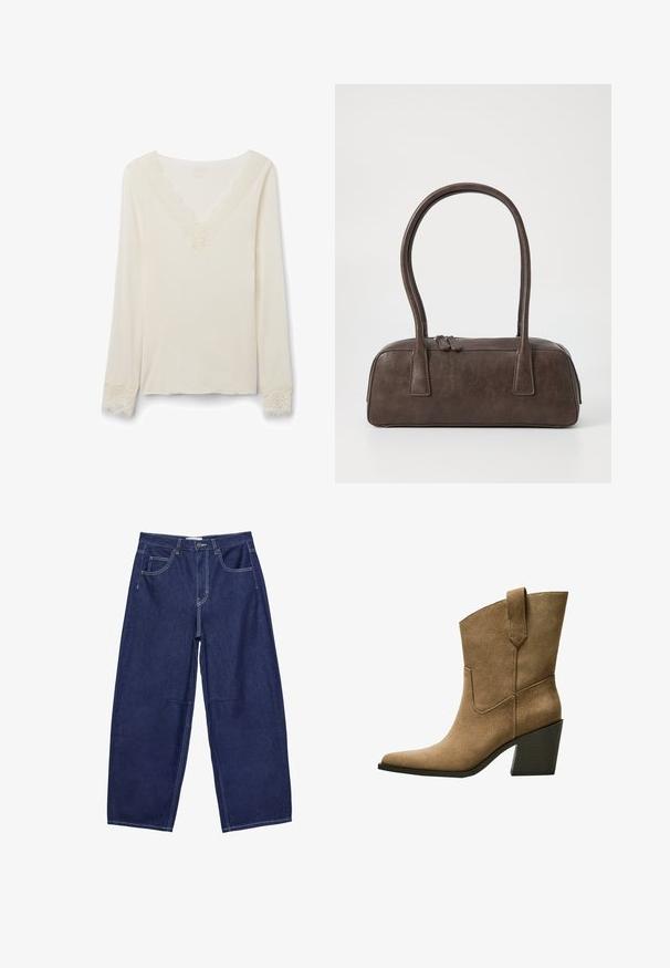 Beige kort bikerjacka med asymmetrisk framdragkedja, snap-knappar, dragkedjefickor och midjebälte med metallspänne.; Långärmad krämfärgad topp med V-ringning, som har en delikat spetsdetalj vid halsringningen och spetsdetaljer vid ärmsluten. Mjuk tygttextur.; Mörkblå denimbyxor med vida ben och hög midja, fem fickor och kontrasterande vita sömmar. Slät textur, klassisk design.; Bruna mockakängor med spetsig tå, som har en medelhög klack och enkel söm längs sidokanter.; Brun läderhandväska med två stadiga handtag, rektangulär form, slät yta och dragkedjestängning. Minimalistisk design utan synliga mönster.