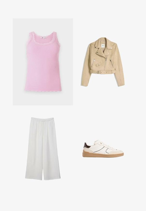 Bež usnjeni kolesarski jopič s asimetričnim sprednjim zadrgo, sponkami, žepi z zadrgo in pasom z metalno zaponko.; Prilegajoča se rebrasta majica z naramnicami v svetlo roza barvi, ki ima čipkast rob okoli izreza in rokavov, s valovitim robom ter mehkim otipom.; Bele široke hlače iz lahkega materiala, ki imajo elastičen pas in vrvico za prilagajanje. Gladka tekstura.; Stradivarius Športni copati - white