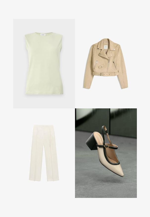 Beige lyhyt moottoripyöräilijätakki epäsymmetrisellä etuvetoketjulla, napppikiinnityksellä, vetoketjullisilla taskuilla ja vyötärövyöllä, jossa on metalliset soljet.; Vaaleanvihreä hihaton toppi, jossa on pyöreä kaula-aukko. Valmistettu pehmeästä kankaasta, jossa on sileä pinta ja minimalistinen muotoilu.; Valkoiset leveälahkeiset housut vaaleassa kermassa. Valmistettu sileästä kankaasta, jossa on laskokset edessä ja sivutaskut.; Beige slingback-kengät, joissa on musta reuna, kultahakas, ja paksu lohkoheel, harmaalla lattialla tummanvihreää taustaa vasten.