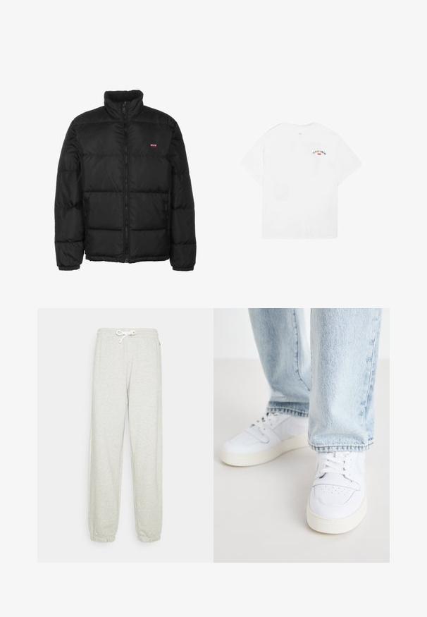 Zwarte pufferjack met een hoge kraag, ritsluiting en gewatteerd ontwerp. Heeft zijzakken en een klein logo op de bovenste linkerkant.; Witte katoenen t-shirt met korte mouwen, ronde halslijn en een kleine grafische opdruk met de tekst "LA VILLE LUMIÈRE" in zwart en rood op de bovenrug.; Lichtgrijze sweatpants met een tailleband met trekkoord, elastische boorden en een zachte textuur. Geen zichtbare patronen of extra hardware.; Witte leren lage sneakers met geperforeerde neus, platte veters en een minimalistisch ontwerp. Gecombineerd met lichtblauwe denim jeans.