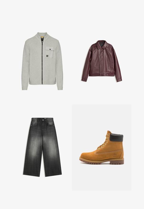 Bordeaux neplederen jas met een vlakke kraag, ritssluiting aan de voorkant, twee zijzakken en een licht cropped pasvorm. Gestructureerd oppervlak.; Lichtgrijze ritstruien met hoge kraag, textuur gebreide stof en een borstzak met drukknopen en contrasterende accenten.; Zwarte T-shirt met korte mouwen in een losse pasvorm, gemaakt van zachte katoen, met een ronde halslijn en een minimalistisch ontwerp.; Wijdvallende denim broek in vervaagd zwart, met een klassieke vijf-pocketontwerp en een licht gestructureerd oppervlak. Metalen hardware accenten.; Tan suède enkelboot met zwart gevoerd kraagje, gouden metalen oogjes, witte stikdetails en een robuuste rubberen zool met uitgesproken profiel.