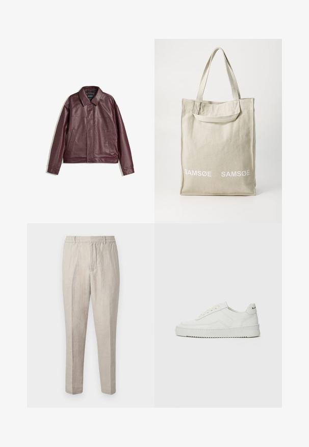 Bordo jakna od umjetne kože s ravnim ovratnikom, prednjim patent zatvaračem, dva bočna džepa i nešto skraćenim krojem. Teksturirana površina.; Sivi pleteni pulover s ovratnikom, tri prednja gumba i rebrastim rubom. Tkanina izgleda mekano i teksturirano, s opuštenim krojem.; Bijela pamučna majica s kratkim rukavima, okruglim izrezom i opuštenim krojem. Ima malu oznaku branda sa strane. Glatka tekstura.; Svijetlosmeđi laneni hlače s opuštenim krojem, imajuću pojas s vezicom, sužene nogavice i suptilnu teksturu po cijelom materijalu.; Bijele kožne tenisice s glatkom površinom, okruglim vrhom, ravnim vezicama i teksturiranom potplatom. Imaju suptilan logo na peti.; Platnena torba u svijetloj bež boji s dvije drške, koja na prednjoj strani ima otisnut "SAMSOE" logo u bijeloj boji. Pravokutnog je oblika i jednostavnog dizajna.