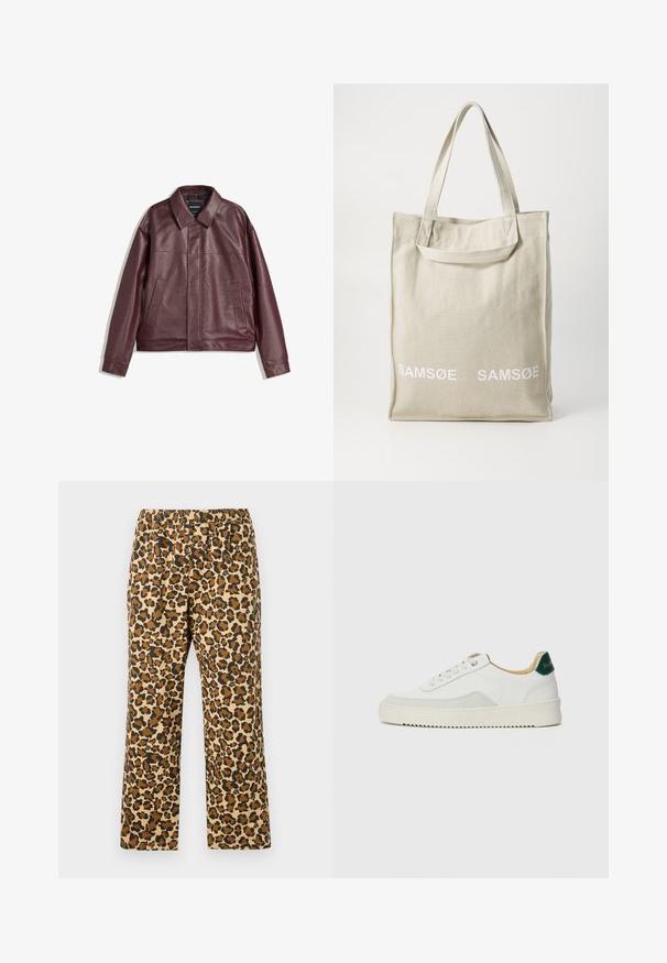 Burgunderfarvet faux læderjakke med flad krave, lynlås fortil, to sidelommer og en let cropped pasform. Struktureret overflade.; Grå strikpullover med krave, tre knapper foran og ribbede kanter. Stoffet virker blødt og struktureret med en afslappet pasform.; Hvid bomulds T-shirt med korte ærmer, rund halsudskæring og en løs pasform. Har et lille brandmærke på siden. Glat tekstur.; Leopardmønstret bukser i tan, brun og sort. Har en elastisk talje og en afslappet, lige pasform. Letvægtsstof.; Hvide sneakers med ruskindsdetaljer, rund tå, flade snørebånd og en cremet gummisål. Har grøn branding på hælen.; Canvas tote bag i lys beige med dobbelthåndtag, med "SAMSOE" logo i hvidt trykt på fronten. Rektangulær form med enkelt design.