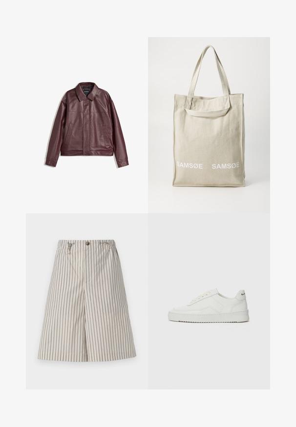 Burgundowa kurtka z sztucznej skóry z płaskim kołnierzem, zapięciem na zamek z przodu, dwoma bocznymi kieszeniami i lekko skróconym krojem. Teksturowana powierzchnia.; Szary dzianinowy sweter z kołnierzykiem, trzema przyciskami z przodu oraz ribbed dołem. Tkanina wydaje się być miękka i teksturowana, z luźnym krojem.; Biała bawełniana koszulka z krótkim rękawem, okrągłym dekoltem i luźnym krojem. Posiada małą metkę marki z boku. Gładka tekstura.; Beżowe szorty w paski o luźnym kroju, wykonane z lekkiego materiału. Posiadają zapięcie na guzik i dwie boczne kieszenie.; Białe skórzane sneakersy o gładkim wykończeniu, okrągłym nosku, płaskich sznurówkach i teksturowanej podeszwie. Charakteryzują się delikatnym logo na pięcie.; Torba płócienna w jasnym beżu z podwójnymi uchwytami, z białym logo "SAMSOE" drukowanym z przodu. Prostopadłościenny kształt o prostym wzornictwie.