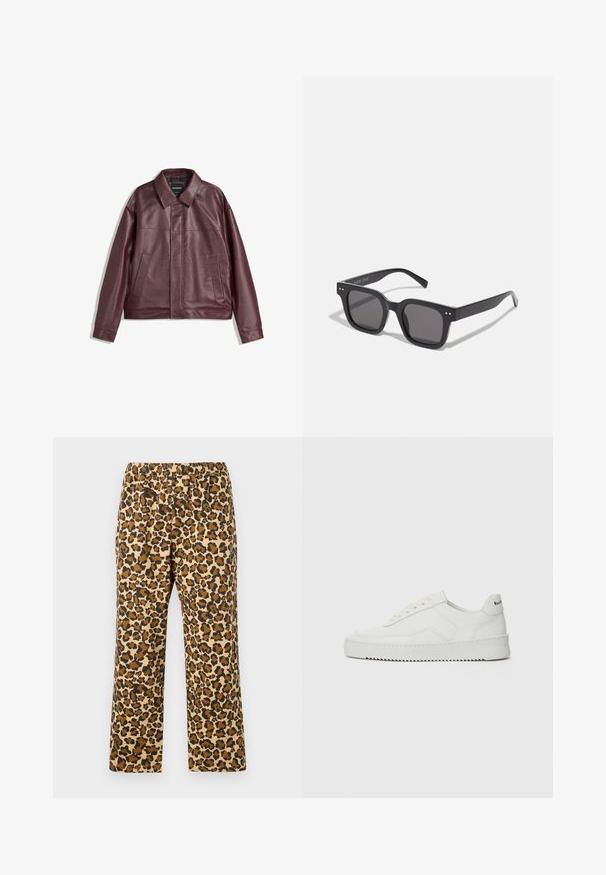 Veste en simili cuir bordeaux avec un col plat, fermeture zippée à l'avant, deux poches latérales et une coupe légèrement cropped. Surface texturée.; Pull en tricot gris avec un col montant, trois boutons à l'avant et un ourlet côtelé. Le tissu semble doux et texturé, avec une coupe décontractée.; Pantalons en imprimé léopard dans des teintes de beige, marron et noir. Dotés d'une taille élastique et d'un design décontracté à jambe droite. Tissu léger.; Baskets en cuir blanc avec une finition lisse, bout arrondi, lacets plats et semelle texturée. Présente un logo discret sur le talon.; Lunettes de soleil noires rectangulaires avec des verres foncés, arborant une monture épaisse, des accents subtils sur les côtés et aucun logo visible en dehors du nom de la marque.; Sac fourre-tout en toile beige clair avec double poignée, arborant le logo "SAMSOE" imprimé en blanc à l'avant. Forme rectangulaire avec un design simple.