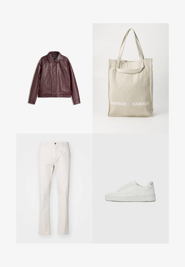 Burgundská koženka s plochým golierom, predným zipsom, dvoma bočnými vreckami a mierne skráteným strihom. Textúrovaný povrch.; Sivý pletený sveter s golierom, tromi prednými gombíkmi a ribovaný dolný okraj. Tkanina vyzerá jemne a textúrovo, s uvoľneným strihom.; Béžové nohavice z bavlnenej zmesi so strmým strihom, s predným zapínaním na gombík, pútkami na opasok a minimalistickým dizajnom. Hladká štruktúra.; Biele kožené tenisky s hladkým povrchom, okrúly špičkový dizajn, ploché šnúrky a textúrovaná podrážka. Obsahujú jemné logo na päte.; Plátená taška v svetložltej farbe s dvojitými uchami, s bielym potlačeným logom "SAMSOE" na prednej strane. Obdĺžnikový tvar s jednoduchým dizajnom.