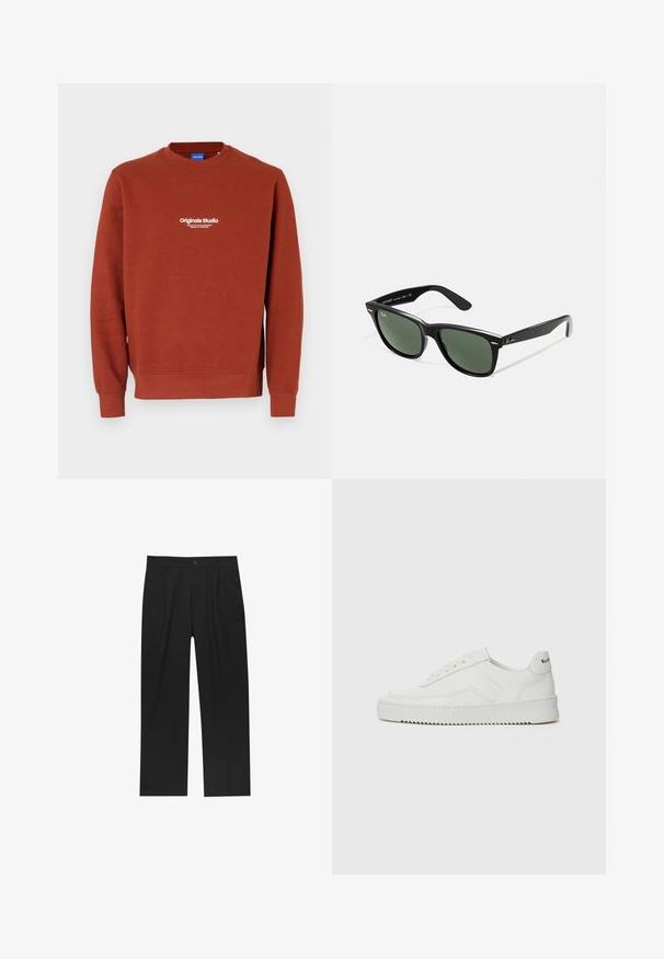 Burgundi színű műbőrdzseki lapos gallérral, elöl cipzárral, két oldalsó zsebbel és enyhén cropped fazonnal. Strukturált felület.; Rozsda színű pulóver, puha anyagból készült. Kerek nyakú, hosszú ujjú. Az elején fehér felirat olvasható: "Originals Studio."; Fekete nadrág egyenes szárú kialakítással, sima anyagból készült. Elöl redők és egy gombos záródás található a derékon.; Fehér bőr sportcipő sima felülettel, kerek orral, lapos fűzőkkel és texturált talppal. Finom logó található a sarokon.; Fekete műanyag napszemüveg zöld lencsékkel, négyzet alakú kerettel, ezüst díszítéssel a keret felső részén, valamint texturált szárakkal. A márka neve a belső száron található.