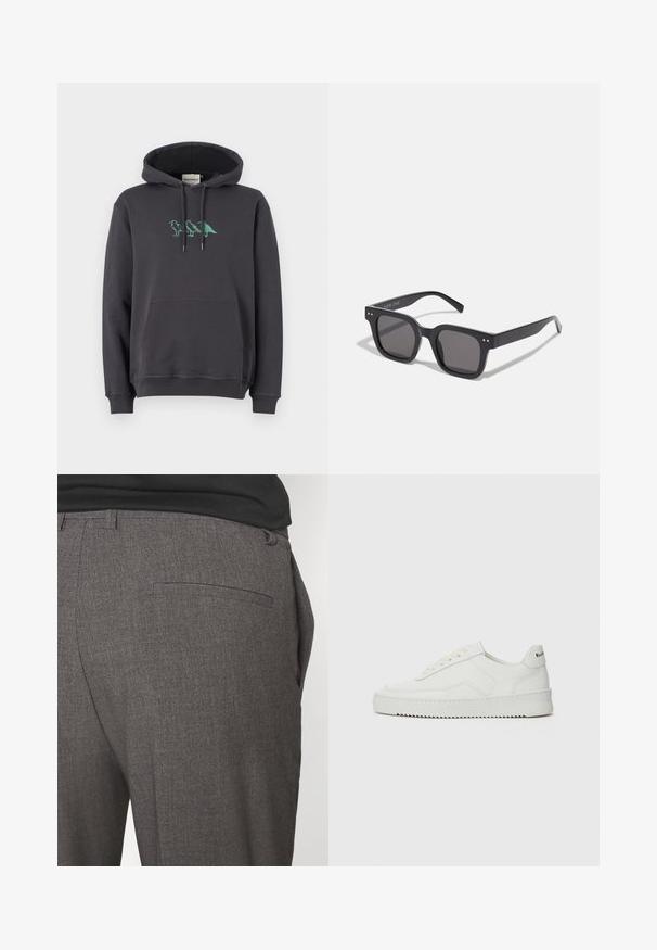 Giacca in ecopelle bordeaux con colletto piatto, chiusura frontale con zip, due tasche laterali e una vestibilità leggermente cropped. Superficie testurizzata.; Felpa grigia scura con tasca a marsupio, cappuccio con lacci e ricamo di un dinosauro verde sul petto. Materiale in cotone morbido, vestibilità rilassata.; Pantaloni grigi su misura con una texture liscia, dotati di una sola tasca posteriore e un design slim fit. Il tessuto presenta un motivo sottile.; Sneaker in pelle bianca con una finitura liscia, punta rotonda, lacci piatti e suola testurizzata. Presenta un logo discreto sul tallone.; Occhiali da sole neri rettangolari con lenti scure, dotati di una montatura spessa, accenti sottili sui lati e senza loghi visibili oltre al nome del marchio.; Borsa in tela di colore beige chiaro con manici doppi, con il logo "SAMSOE" stampato in bianco sul davanti. Forma rettangolare con design semplice.