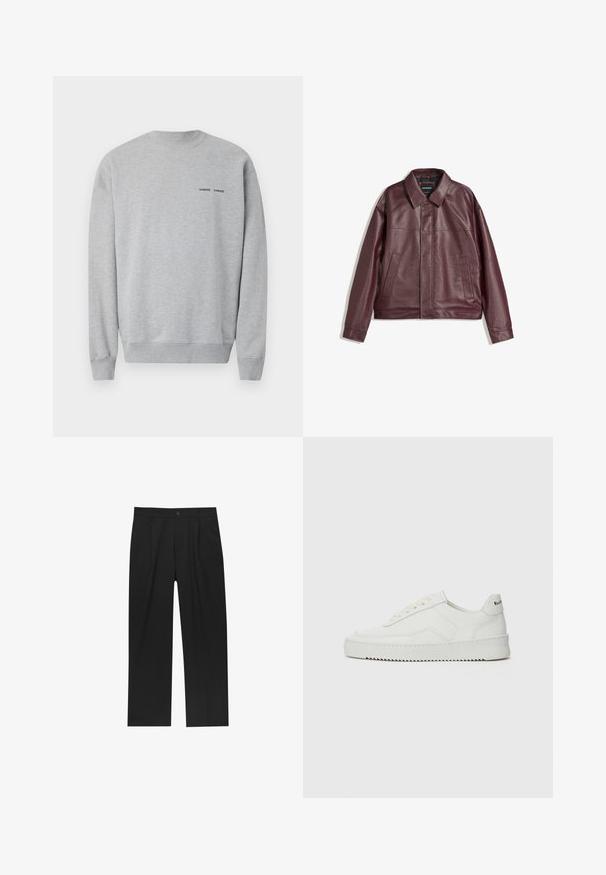 Bordeaux neplederen jas met een vlakke kraag, ritssluiting aan de voorkant, twee zijzakken en een licht cropped pasvorm. Gestructureerd oppervlak.; Grijze sweatshirt van een katoenmix, met een geribbelde halslijn en manchetten. Klein zwart logotekst op de borst. Glad textuur en een relaxte pasvorm.; Zwarte broeken met een recht model, gemaakt van een gladde stof. Voorzien van een voorplooien en een enkele knoopsluiting bij de taille.; Witte leren sneaker met een gladde afwerking, ronde neus, platte veters en een gestructureerde zool. Kenmerkt zich door een subtiel logo op de hiel.