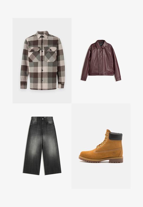Burgundská koženka s plochým golierom, predným zipsom, dvoma bočnými vreckami a mierne skráteným strihom. Textúrovaný povrch.; Károvaná košeľa v hnedých, zelených a béžových tónoch. Obsahuje golier, dve náprsné vrecká a zapínanie na gombíky pozdĺž prednej časti. Štruktúrovaná tkanina.; Čierne krátke tričko s krátkym rukávom v voľnom strihu, vyrobené z hladkej bavlny, s okrúhlym výstrihom a minimalistickým dizajnom.; Džíny s širokými nohavicami v odtenku vyblednutej čiernej, s klasickým päťvreckovým dizajnom a jemne textúrovaným povrchom. Kovové detaily.; Tyrkysové semišové členkové topánky s čiernym polstrovaným golierom, zlatými kovovými očkami, bielym prešívaním a robustnou gumovou podrážkou s výraznými drážkami.