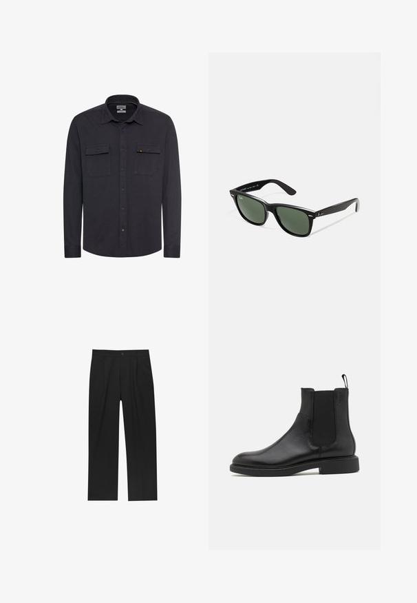 Burgundowa kurtka z sztucznej skóry z płaskim kołnierzem, zapięciem na zamek z przodu, dwoma bocznymi kieszeniami i lekko skróconym krojem. Teksturowana powierzchnia.; Ciemnoniebieska koszula z textured materiałem, zapinana z przodu, z kołnierzykiem i dwiema kieszeniami na piersi. Posiada małe logo na lewej kieszeni.; Czarne spodnie o prostym kroju, wykonane z gładkiego materiału. Posiadają zakładki z przodu i pojedyncze zapięcie na guziki w pasie.; Czarny skórzany botek za kostkę o gładkiej fakturze, z elastycznymi bocznymi panelami i pętelką do zakupu. Okrągły nosek i płaska gumowa podeszwa z minimalnym bieżnikiem.; Czarne plastikowe okulary przeciwsłoneczne z zielonymi szkłami, kwadratowe oprawki, srebrny akcent na brwi oraz fakturowane ramiona temple. Nazwa marki podana na wewnętrznej stronie ramion.