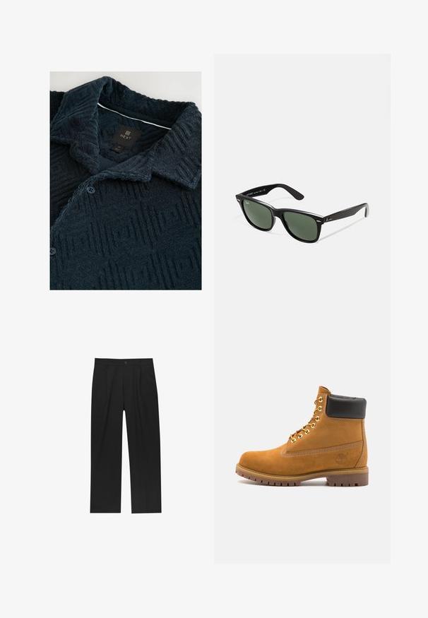Jachetă din faux piele burgundă cu guler plat, închidere cu fermoar frontal, două buzunare laterale și o croială ușor scurtă. Suprafață texturată.; Cămașă texturată de culoare bleumarin cu un model geometric, având un guler întins, două nasturi și o etichetă a mărcii pe guler.; Pantaloni negri cu un design drept, fabricați dintr-un material neted. Au plisse în față și un sistem de închidere cu un singur buton la talie.; Cizmă de gleznă din întoarsă de culoare bej, cu guler negru căptușit, ochiuri din metal auriu, detalii de cusătură albă și talpă din cauciuc robustă, cu un model pronunțat.; Ochelari de soare din plastic negru cu lentile verzi, rame pătrate, accent argintiu pe sprânceană și brațe texturate. Marca este menționată pe brațul interior.