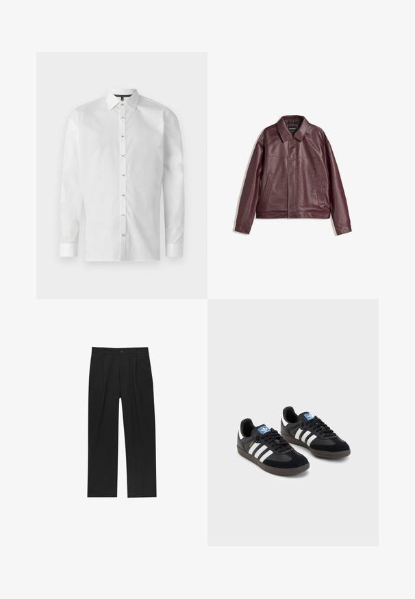 Burgunderfarbene Kunstlederjacke mit flachem Kragen, vorderem Reißverschluss, zwei Seitentaschen und leicht verkürzter Passform. Strukturierten Oberfläche.; Weißes Langarmhemd aus glattem Stoff mit klassischem Kragen, durchgehender Knopfleiste und geknöpften Manschetten. Dunkel gemusterter Innenkragen.; Schwarze Hose mit geradem Schnitt, aus einem glatten Stoff gefertigt. Verfügt über Vorderfalten und einen einzelnen Knopfverschluss an der Taille.; Schwarze Sneaker mit einem Obermaterial aus Wildleder und Synthetik, ausgestattet mit drei weißen Streifen, einer strukturierten Gummi-Sohle und einem blauen Logo-Tag auf der Zunge.