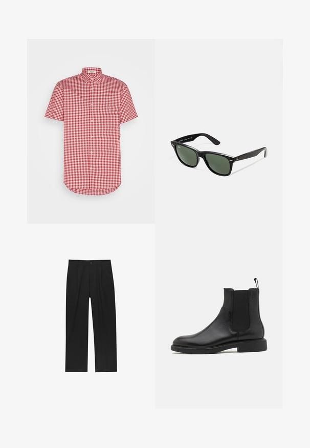 Veste en simili cuir bordeaux avec un col plat, fermeture zippée à l'avant, deux poches latérales et une coupe légèrement cropped. Surface texturée.; Chemise à manches courtes à boutons avec un motif vichy rouge et blanc, un col et une poche poitrine, fabriquée en tissu léger.; Pantalons noirs au design droit, fabriqués à partir d'un tissu lisse. Dotés de plis sur le devant et d'une fermeture à un bouton à la taille.; Botte de cheville en cuir noir avec une texture lisse, des panneaux latéraux élastiques et une languette. Bout rond et semelle en caoutchouc plate avec un minimal de relief.; Lunettes de soleil en plastique noir avec verres verts, monture carrée, accent argenté sur le sourcil et branches texturées. Marque indiquée sur l'intérieur de la branche.