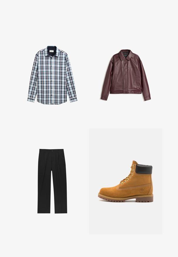 Giacca in ecopelle bordeaux con colletto piatto, chiusura frontale con zip, due tasche laterali e una vestibilità leggermente cropped. Superficie testurizzata.; Camicia a maniche lunghe a quadri, che presenta colori blu, bianco e bordeaux. Realizzata in tessuto leggero con colletto a punta e bottoni frontali.; Pantaloni neri con un design a gamba dritta, realizzati in un tessuto liscio. Presentano pieghe frontali e una chiusura a un bottone in vita.; Stivale alla caviglia in suede tan con collare imbottito nero, occhielli in metallo dorato, dettagli in cucitura bianca e suola in gomma robusta con battistrada pronunciato.