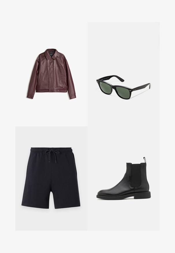 Jachetă din faux piele burgundă cu guler plat, închidere cu fermoar frontal, două buzunare laterale și o croială ușor scurtă. Suprafață texturată.; Tricou alb cu mânecă scurtă, confecționat din bumbac moale. Are un guler rotund și un tiv drept, cu detalii minime.; Shorts negri din bumbac, cu talie elastică și șnur, având un design simplu și o textură netedă.; Botine negre din piele cu textură netedă, cu panouri elastice laterale și un tab pentru a fi tras. Vârf rotund și talpă plată din cauciuc cu uzură minimă.; Ochelari de soare din plastic negru cu lentile verzi, rame pătrate, accent argintiu pe sprânceană și brațe texturate. Marca este menționată pe brațul interior.