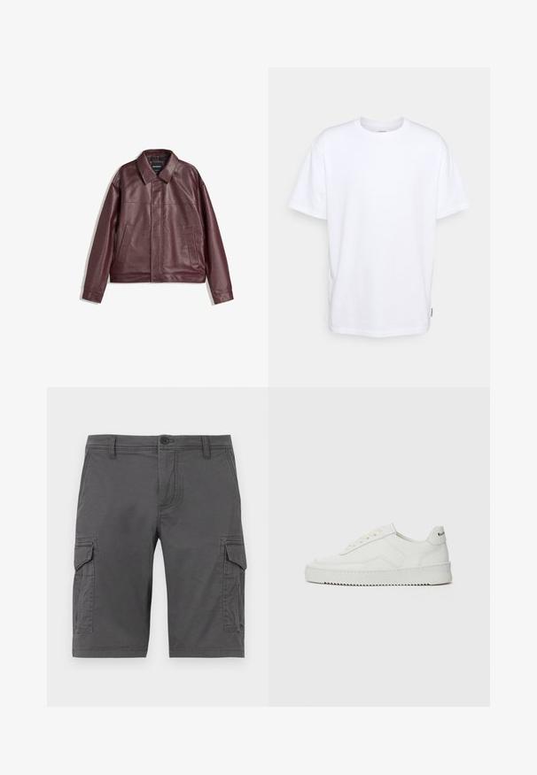 Veste en simili cuir bordeaux avec un col plat, fermeture zippée à l'avant, deux poches latérales et une coupe légèrement cropped. Surface texturée.; T-shirt en coton blanc à manches courtes, col rond et coupe décontractée. Doté d'une petite étiquette de marque sur le côté. Texture lisse.; Shorts cargo gris avec poches latérales, fabriqués en tissu durable, dotés d'une fermeture à bouton et de passants de ceinture. Texture lisse, design longueur genou.; Baskets en cuir blanc avec une finition lisse, bout arrondi, lacets plats et semelle texturée. Présente un logo discret sur le talon.