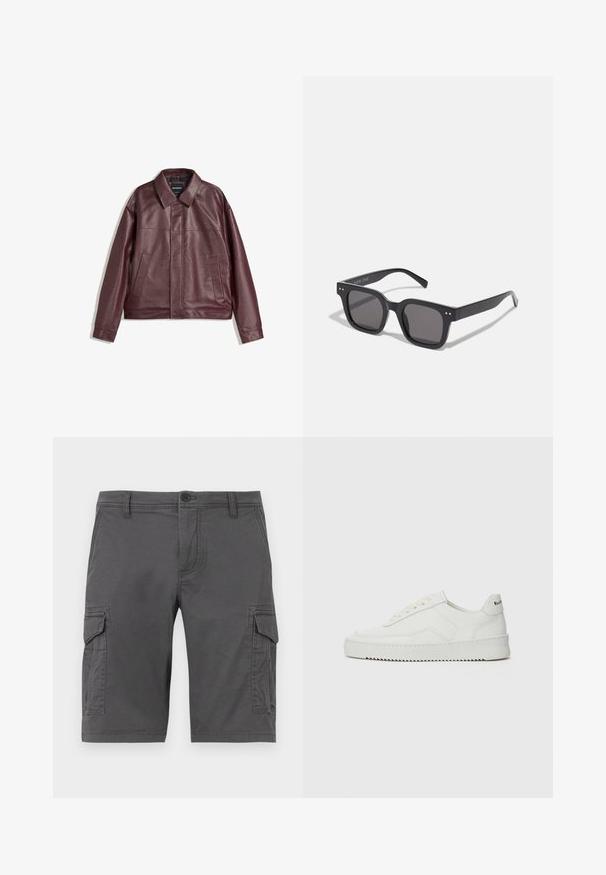 Burgunderfarvet faux læderjakke med flad krave, lynlås fortil, to sidelommer og en let cropped pasform. Struktureret overflade.; Hvid bomulds T-shirt med korte ærmer, rund halsudskæring og en løs pasform. Har et lille brandmærke på siden. Glat tekstur.; Grå cargo shorts med sidelommer, lavet af slidstærkt stof, med knaplukning og bæltestropper. Glat tekstur, knælangt design.; Hvide lædersneakers med en glat overflade, rund tå, flade snørebånd og en tekstureret sål. Har et diskret logo på hælen.; Sorte rektangulære solbriller med mørke linser, der har en tyk ramme, subtile detaljer på siderne og uden synlige logoer udover mærkenavnet.