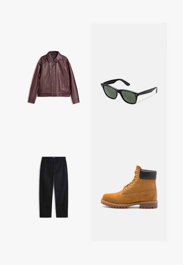 Burgundy faux leather jacket with a flat collar, front zip closure, two side pockets, and a slightly cropped fit. Textured surface.; Black short-sleeve T-shirt in a loose fit, made of smooth cotton, featuring a round neckline and minimalistic design.; Black trousers made of cotton blend fabric, featuring a straight-leg design, side pockets, and a button closure. No visible patterns or logos.; Tan suede ankle boot with black padded collar, gold metal eyelets, white stitching detailing, and rugged rubber sole with pronounced treads.; Black plastic sunglasses with green lenses, square frames, silver accent on the brow, and textured temple arms. Stated brand on inner arm.