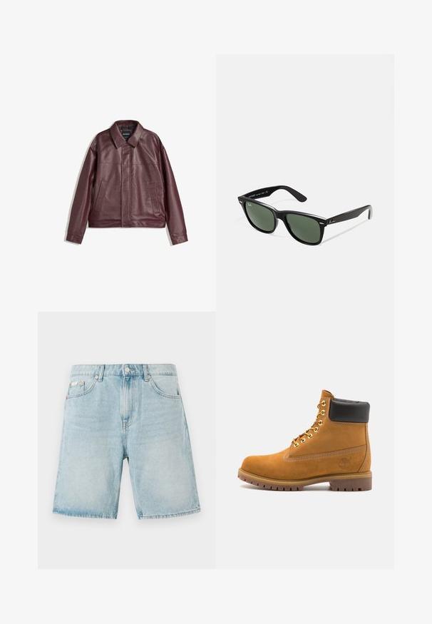 Burgundska jakna iz umetnega usnja s ploskim ovratnikom, sprednjim zapiranjem na zadrgo, dvema stranskima žepoma in rahlo skrajšano prileganje. Teksturirana površina.; Črna kratka majica s kratkimi rokavi v ohlapnem kroju, izdelana iz gladkega bombaža, z okroglo ovratnico in minimalističnim dizajnom.; Svijetloplave traper šortse s opuštenim krojem, koji imaju prednje džepove, zatvaranje na dugme i minimalno izbljedjela.; Svetlo rjave anklne čizme iz semiša z črnim oblazinjenim ovratnikom, zlatimi kovinskimi očesci, belimi šivi in robustnim gumijastim podplatom s izrazitimi tredi.; Črne plastične sončna očala z zelenimi lečami, kvadratni okvirji, srebrni detajl na obrvi in teksturirani ročaji. Blagovna znamka navedena na notranji strani ročaja.