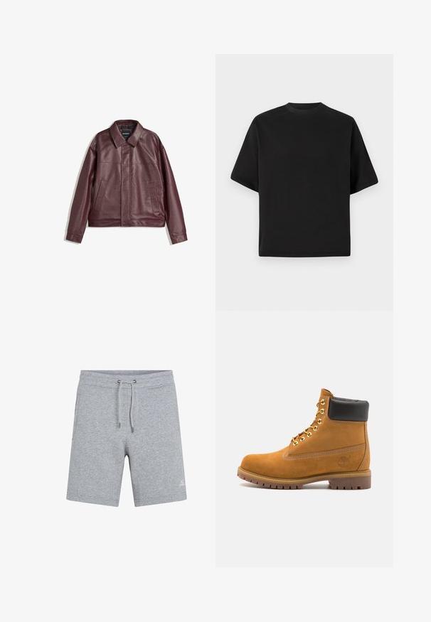 Burgundowa kurtka z sztucznej skóry z płaskim kołnierzem, zapięciem na zamek z przodu, dwoma bocznymi kieszeniami i lekko skróconym krojem. Teksturowana powierzchnia.; Czarna, krótka koszulka w luźnym kroju, wykonana z gładkiej bawełny, z okrągłym dekoltem i minimalistycznym designem.; Szare bawełniane szorty z elastycznym paskiem w talii i regulowanym sznurkiem. Posiadają boczne kieszenie oraz małe logo na lewej nodze.; Beżowe zamszowe botki sięgające kostki z czarną wyściełaną krawędzią, złotymi oczkami, białymi detalami szycia oraz wytrzymałą gumową podeszwą z wyraźnym bieżnikiem.